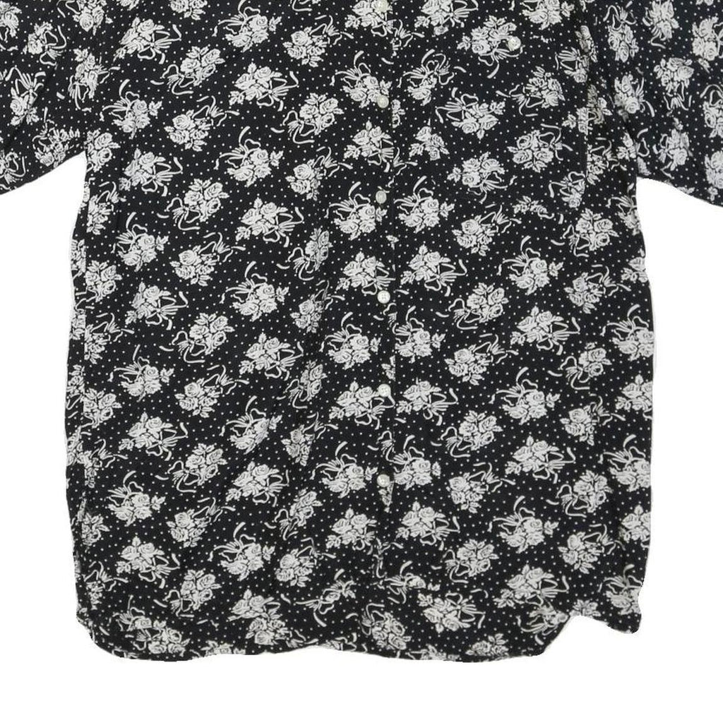 Womens Black & White Floral Printed Blouse Short Sleeve Collared S Polyester