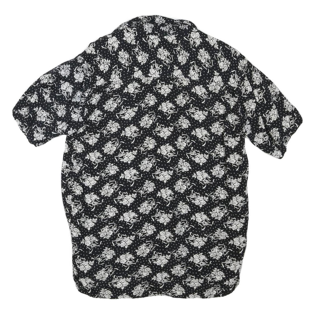 Womens Black & White Floral Printed Blouse Short Sleeve Collared S Polyester