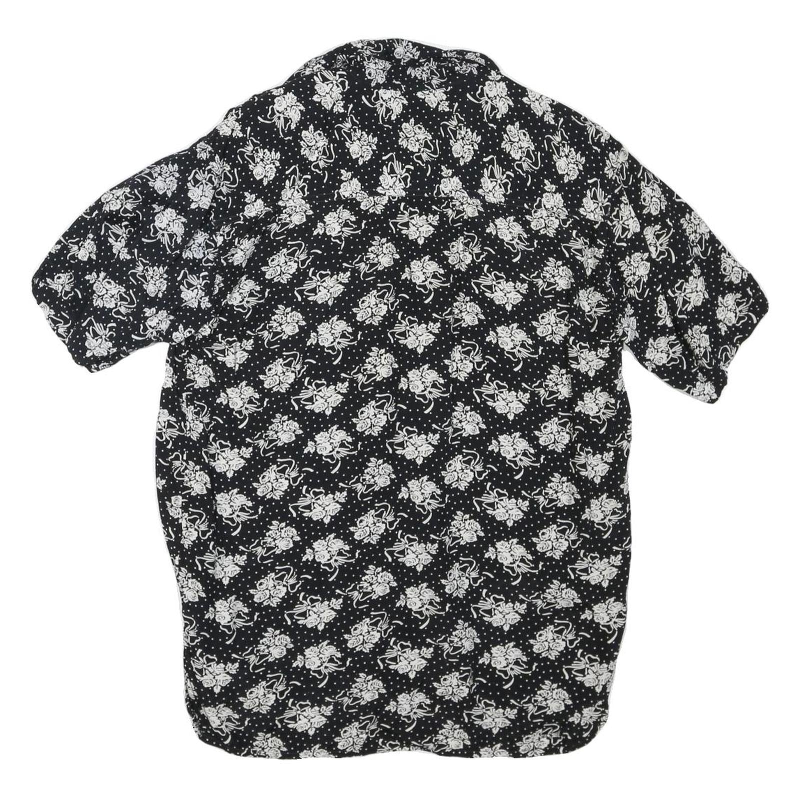 Womens Black & White Floral Printed Blouse Short Sleeve Collared S Polyester