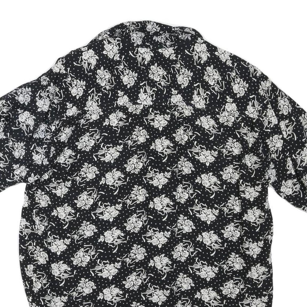 Womens Black & White Floral Printed Blouse Short Sleeve Collared S Polyester