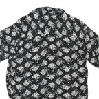 Womens Black & White Floral Printed Blouse Short Sleeve Collared S Polyester