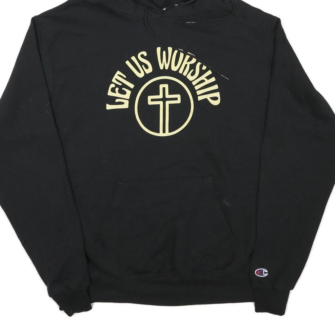 CHAMPION Mens Black Hoodie M Let Us Worship Cotton Blend Pullover