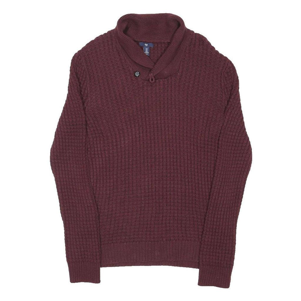 GAP Mens Maroon Patterned Jumper Shawl Collar Chunky Knit Crew Neck M Cotton