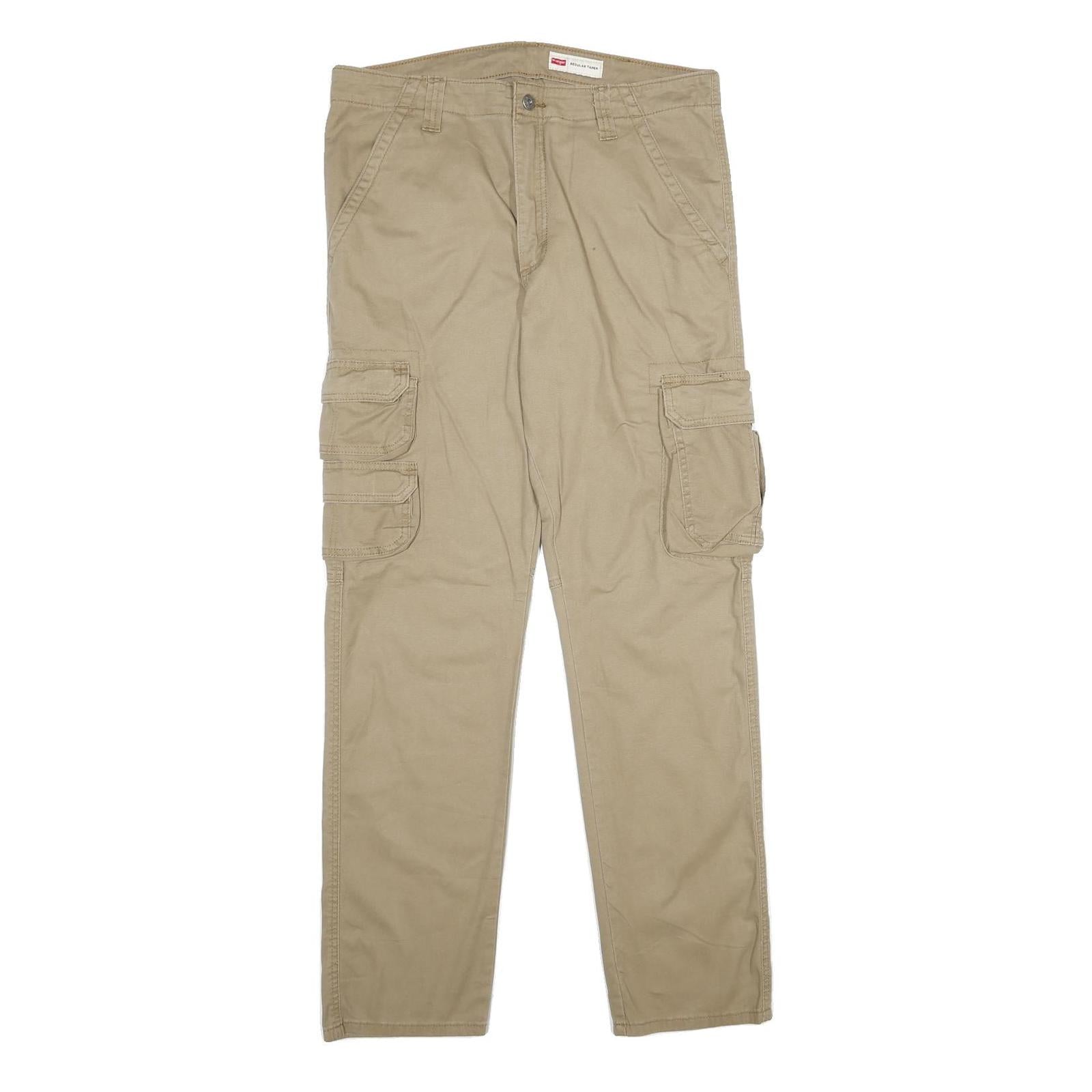 WRANGLER Mens Cotton Blend Beige Regular Cargo Trousers W34 L32 Utility Pocket