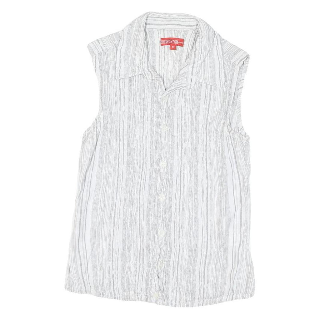TEDDY'S Womens White Striped Sleeveless Shirt Button Neck S Cotton Blend Top