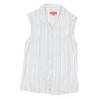 TEDDY'S Womens White Striped Sleeveless Shirt Button Neck S Cotton Blend Top
