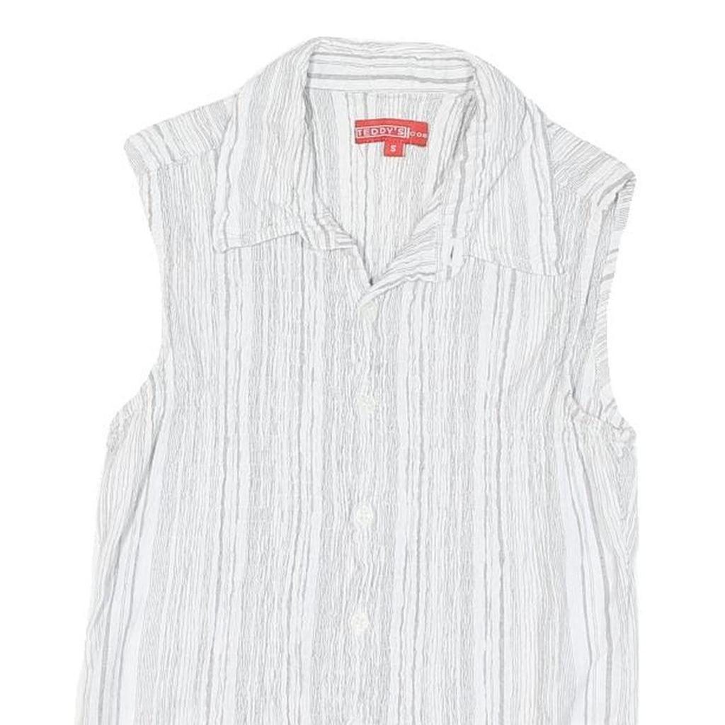 TEDDY'S Womens White Striped Sleeveless Shirt Button Neck S Cotton Blend Top