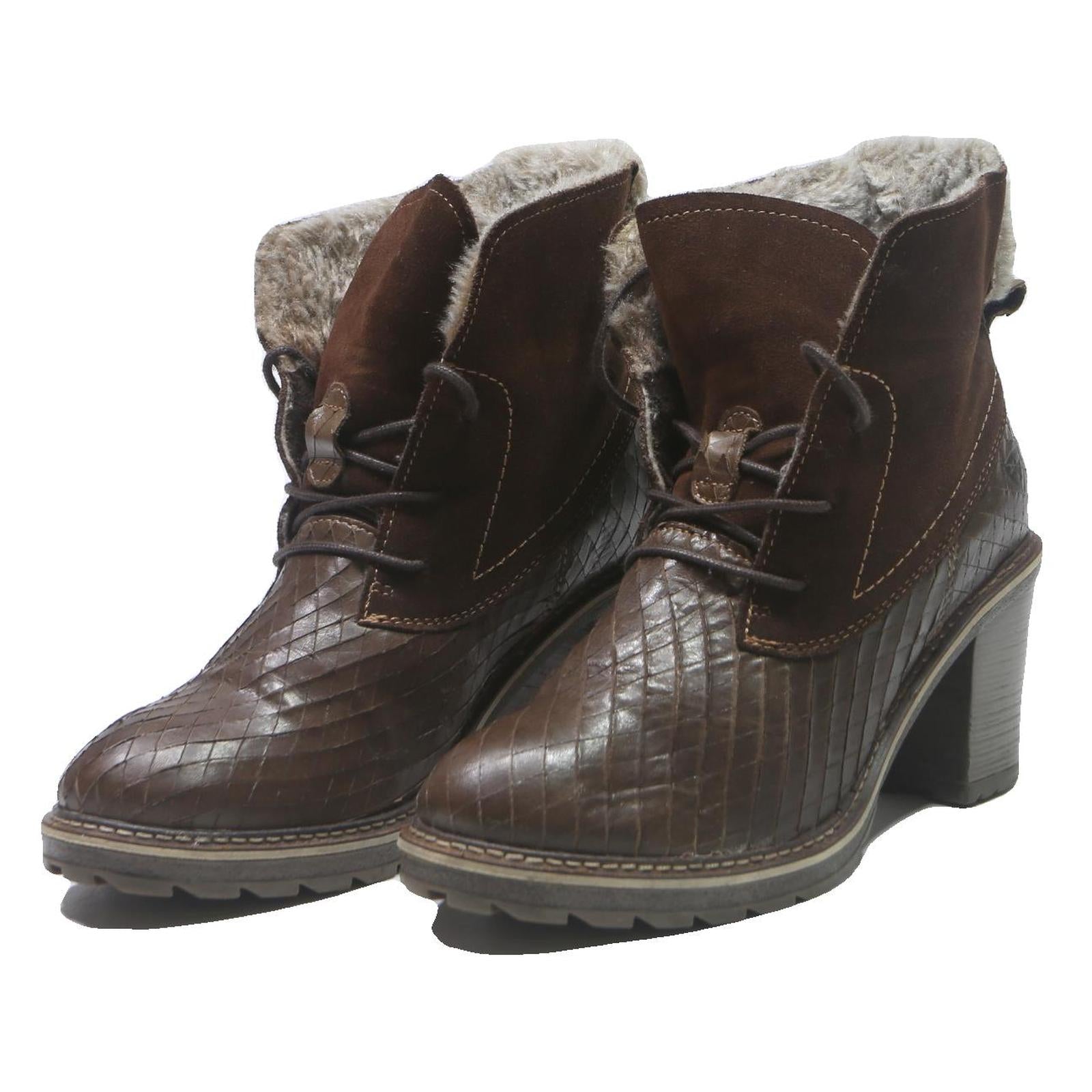 TAMARIS Womens Brown Leather Block Heel Ankle Boots UK 6 Warm Lined Stylish