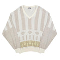 MONTE CARLO Mens Beige & Cream Patterned Jumper V-Neck Basic Knit L Cotton Blend