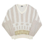 MONTE CARLO Mens Beige & Cream Patterned Jumper V-Neck Basic Knit L Cotton Blend