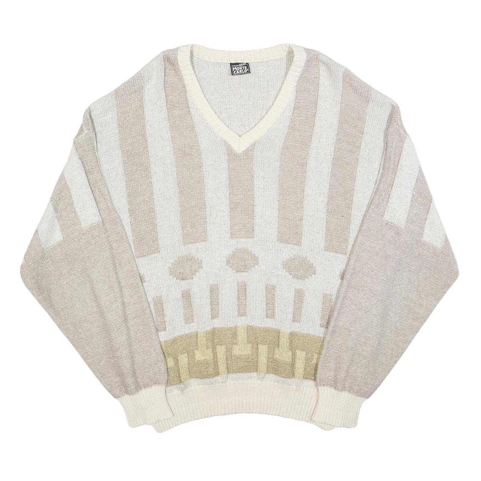 MONTE CARLO Mens Beige & Cream Patterned Jumper V-Neck Basic Knit L Cotton Blend