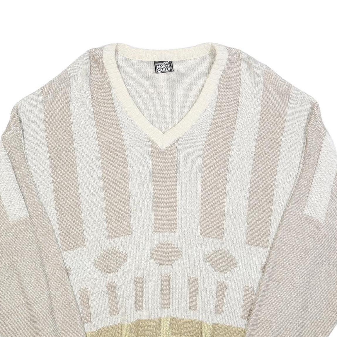 MONTE CARLO Mens Beige & Cream Patterned Jumper V-Neck Basic Knit L Cotton Blend
