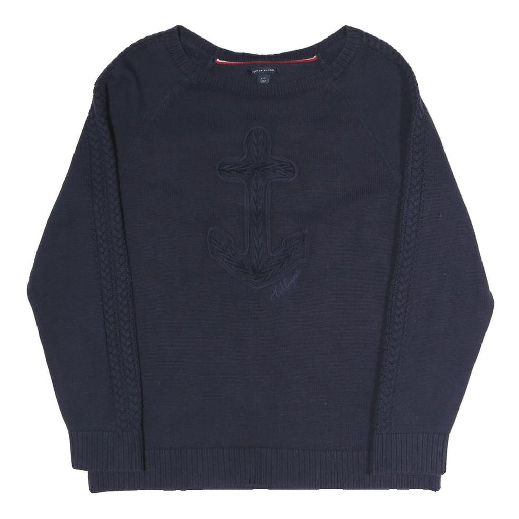 TOMMY HILFIGER Womens Navy Plain Jumper Crew Neck Basic Knit L Cotton Blend