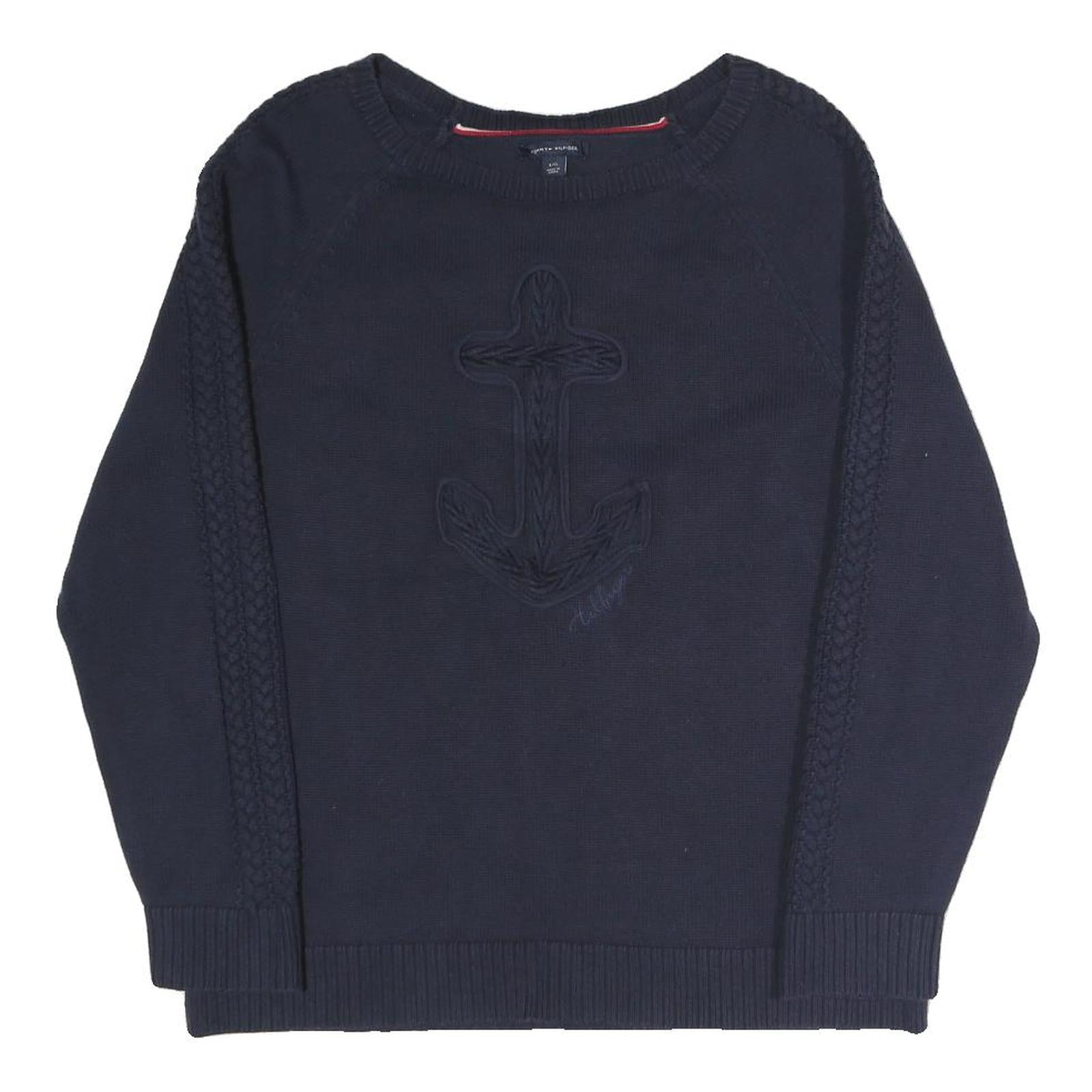 TOMMY HILFIGER Womens Navy Plain Jumper Crew Neck Basic Knit L Cotton Blend