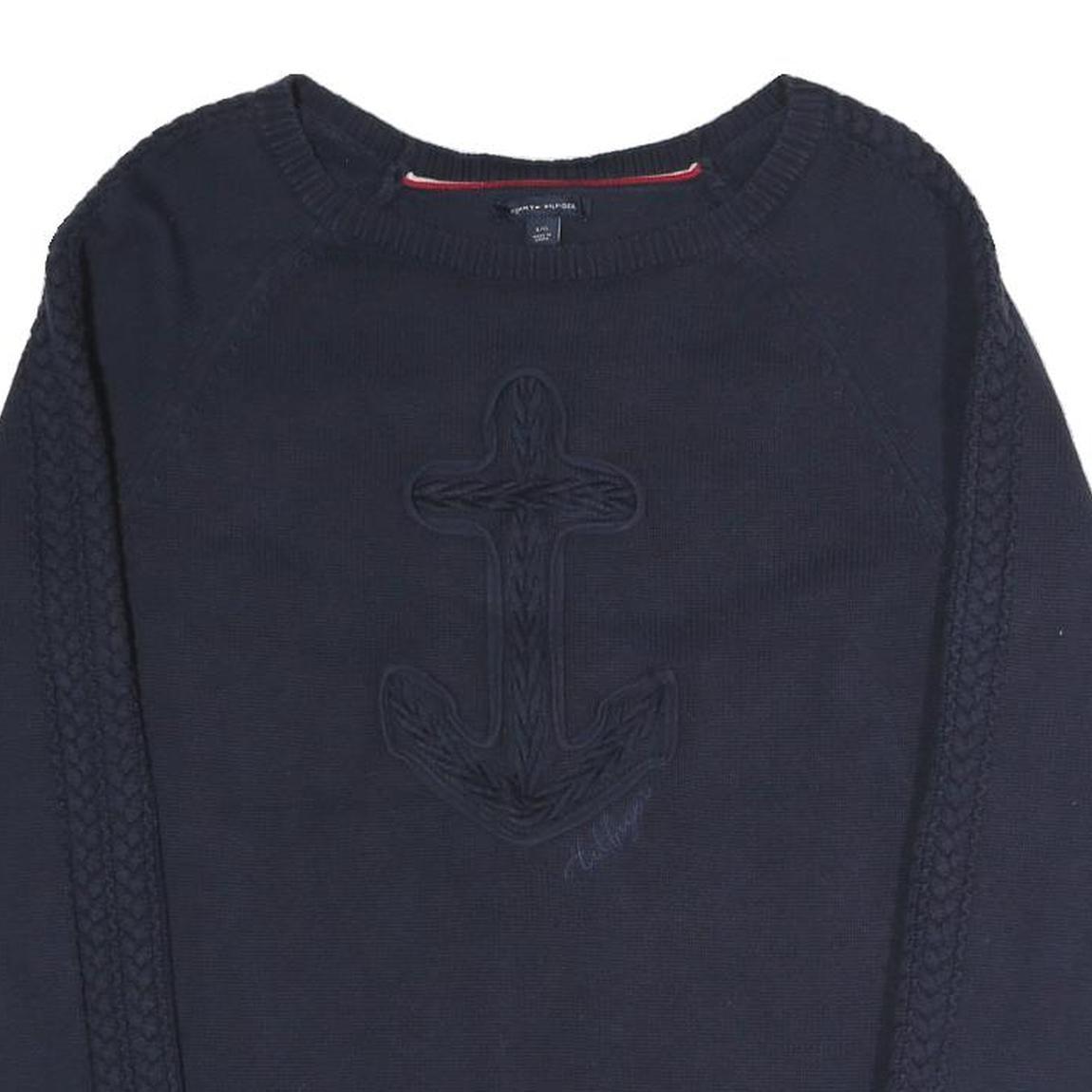 TOMMY HILFIGER Womens Navy Plain Jumper Crew Neck Basic Knit L Cotton Blend
