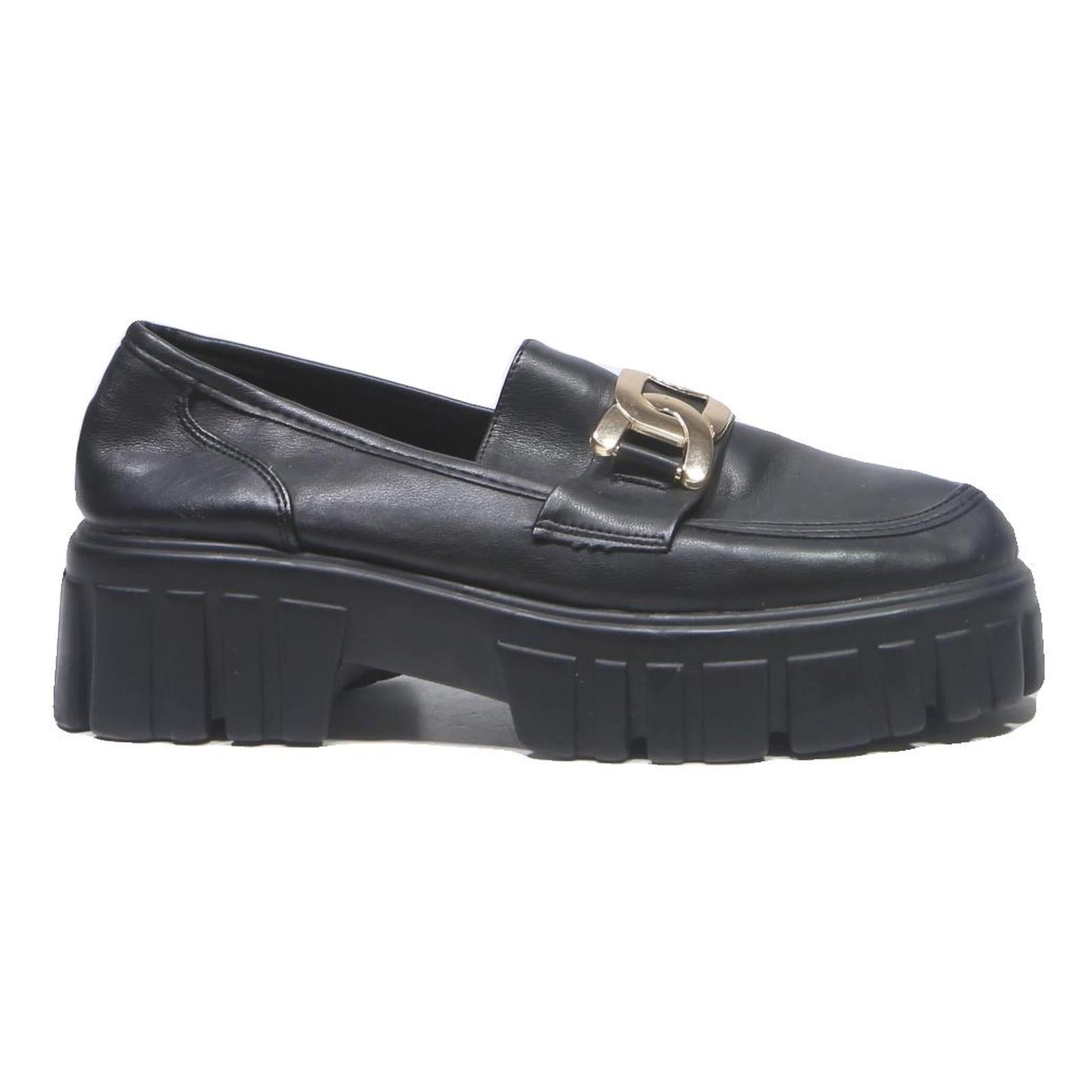 AZALEA WANG Womens Black Leather Platform Loafers UK 8 Chunky Sole Trendy