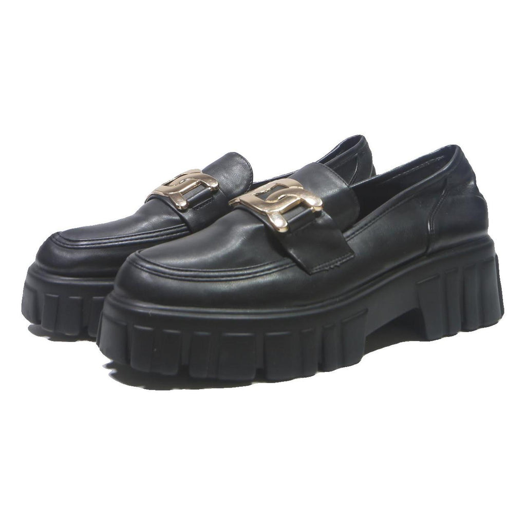 AZALEA WANG Womens Black Leather Platform Loafers UK 8 Chunky Sole Trendy