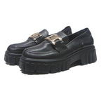 AZALEA WANG Womens Black Leather Platform Loafers UK 8 Chunky Sole Trendy