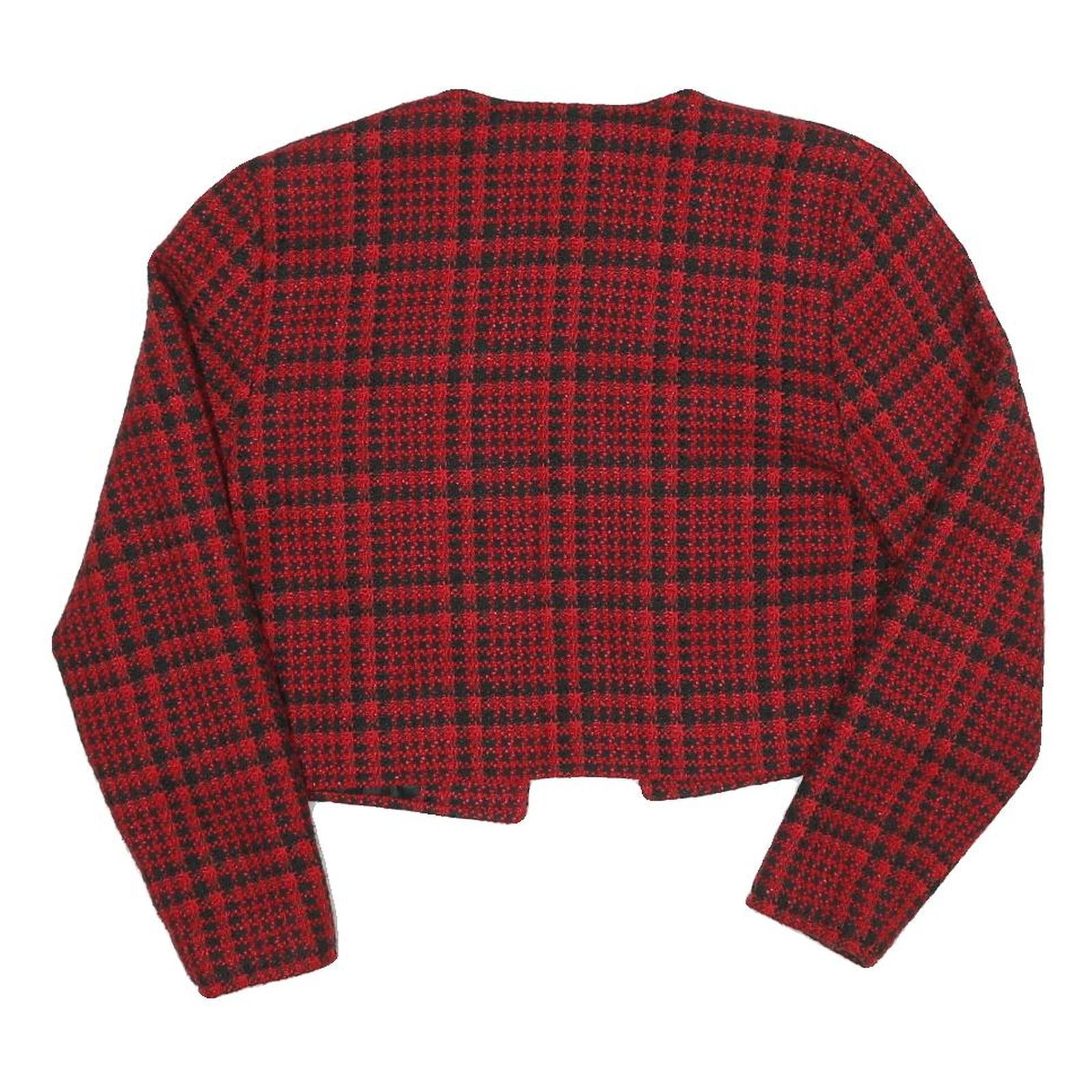 Womens Red & Black Check Cropped Jacket S Polyester Blend Checked Crop Elegant