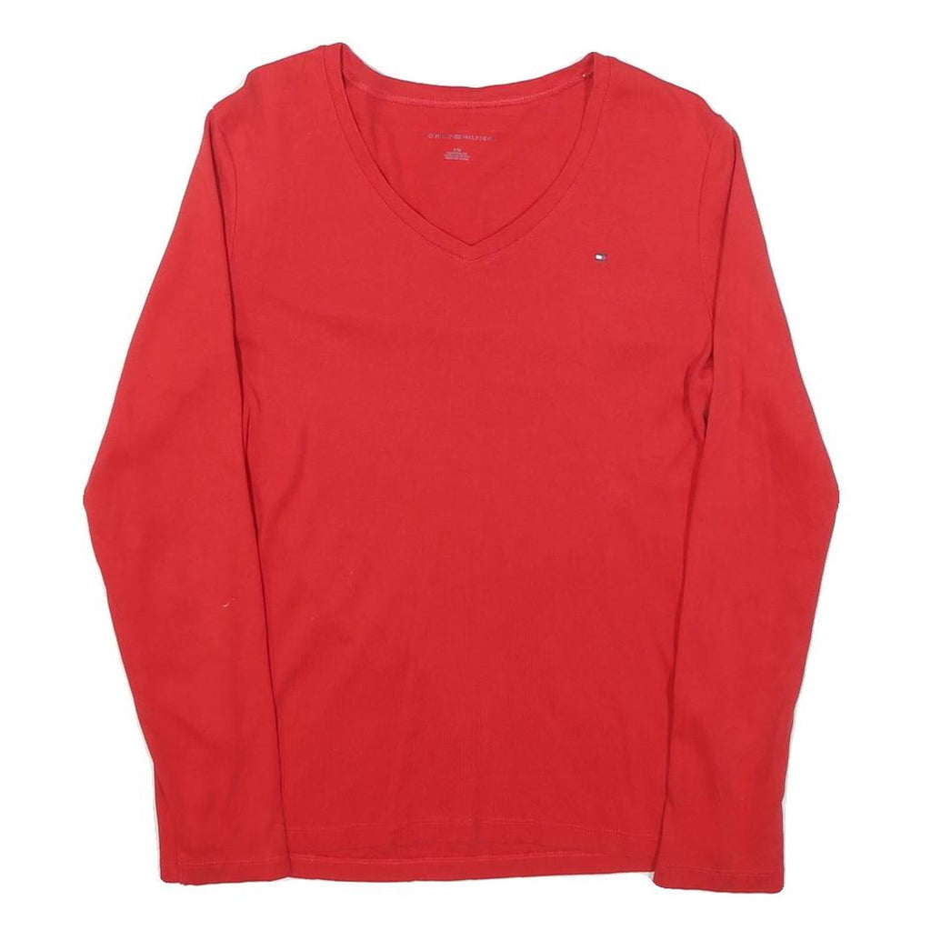 TOMMY HILFIGER Womens Red Jumper Plain V-Neck Basic Knit L Cotton Blend