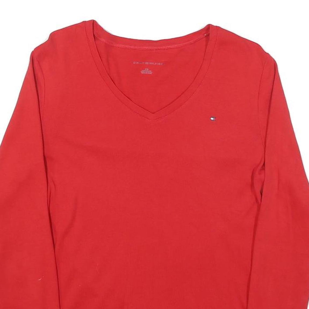 TOMMY HILFIGER Womens Red Jumper Plain V-Neck Basic Knit L Cotton Blend