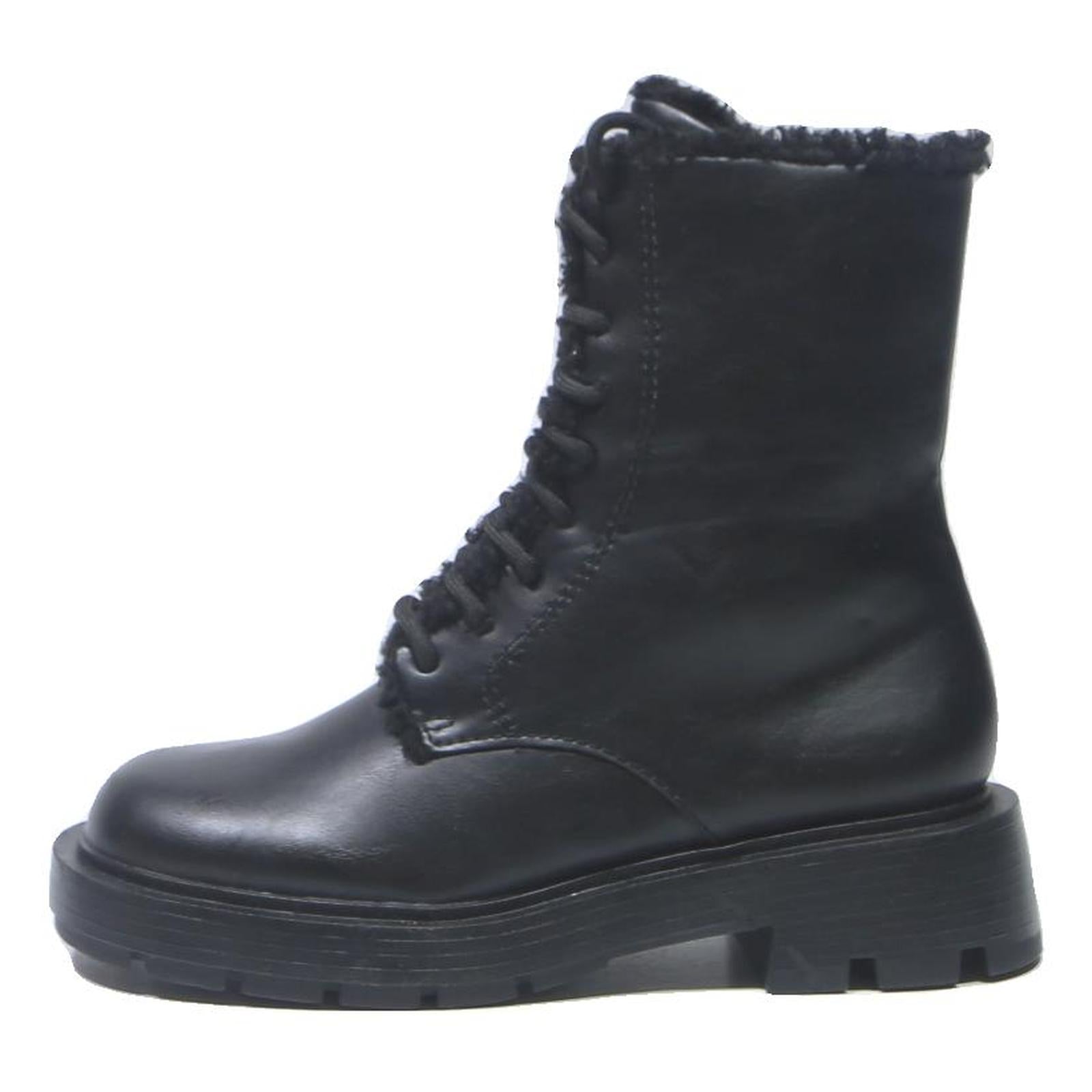 CHARLES & KEITH Womens Lace-Up Black Leather Boots UK 3 Chunky Sole Winter Style