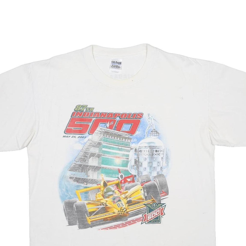 GILDAN Mens White Indianapolis 500 Graphic T-Shirt L Short Sleeve Crew Neck