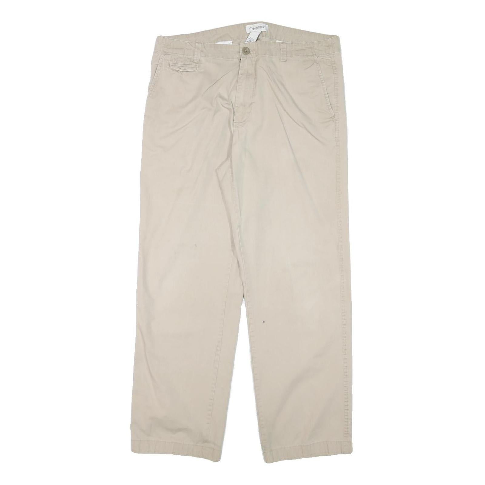 CALVIN KLEIN Mens Cotton Blend Beige Regular Fit Straight Leg Trousers W34 L30