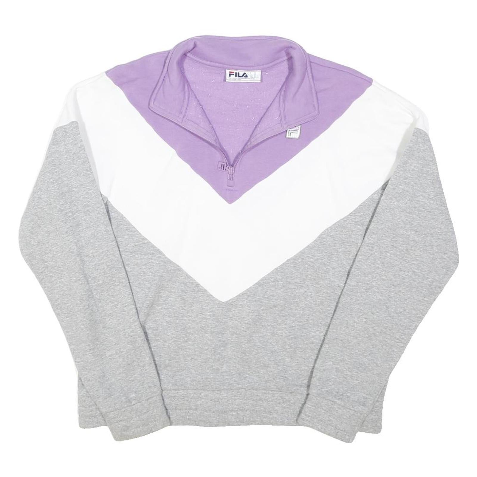 FILA Womens Grey & White & Purple Quarter Zip Sweatshirt XL Cotton Blend Casual