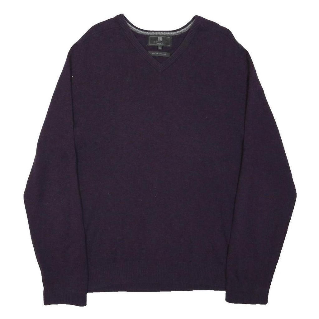 M&S Mens Purple Plain Wool Jumper V-Neck Basic Knit M Classic Warm Comfort