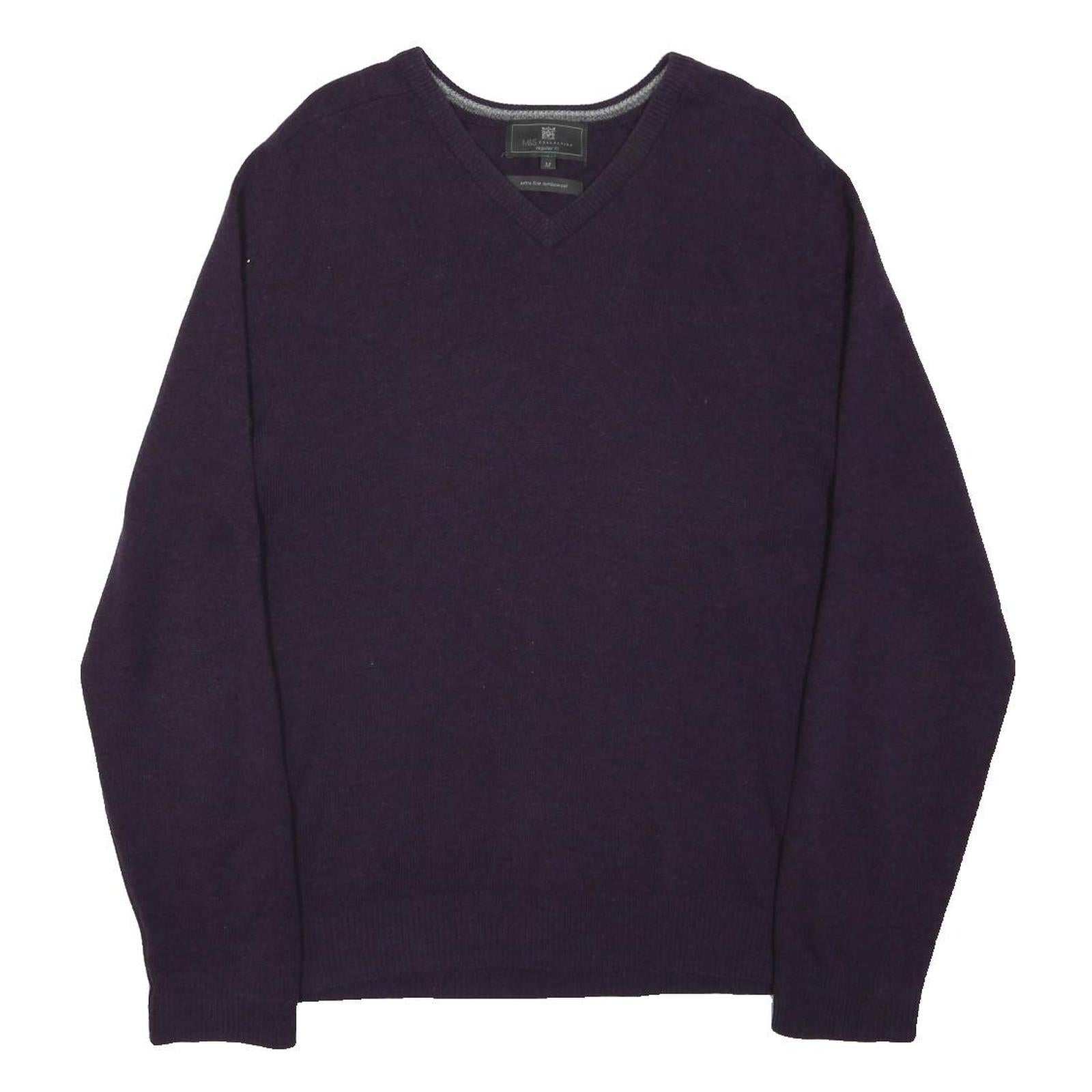 M&S Mens Purple Plain Wool Jumper V-Neck Basic Knit M Classic Warm Comfort