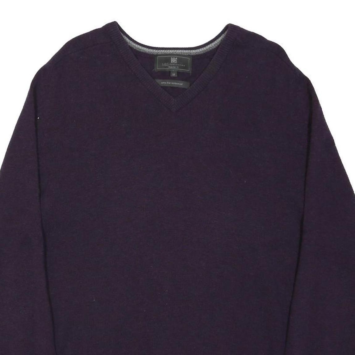 M&S Mens Purple Plain Wool Jumper V-Neck Basic Knit M Classic Warm Comfort