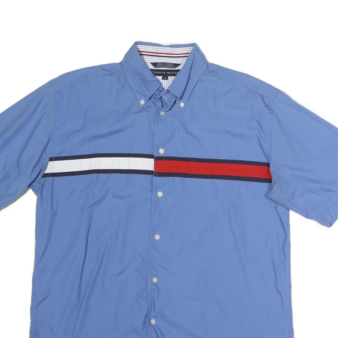 TOMMY HILFIGER Mens Blue Red White Button-Down Shirt M Cotton Short Sleeve