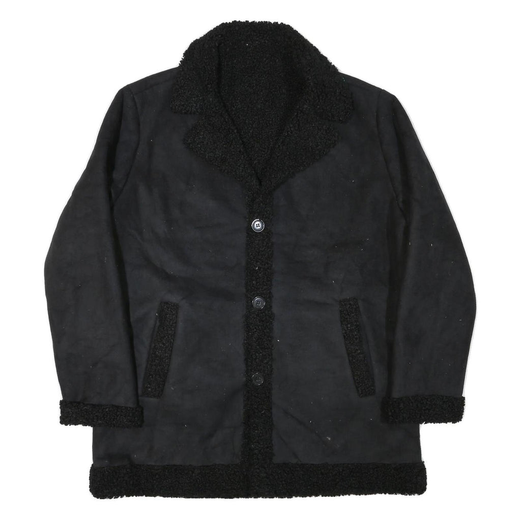 Womens Black Faux Shearling Button Jacket L Polyester Blend Classic Winter