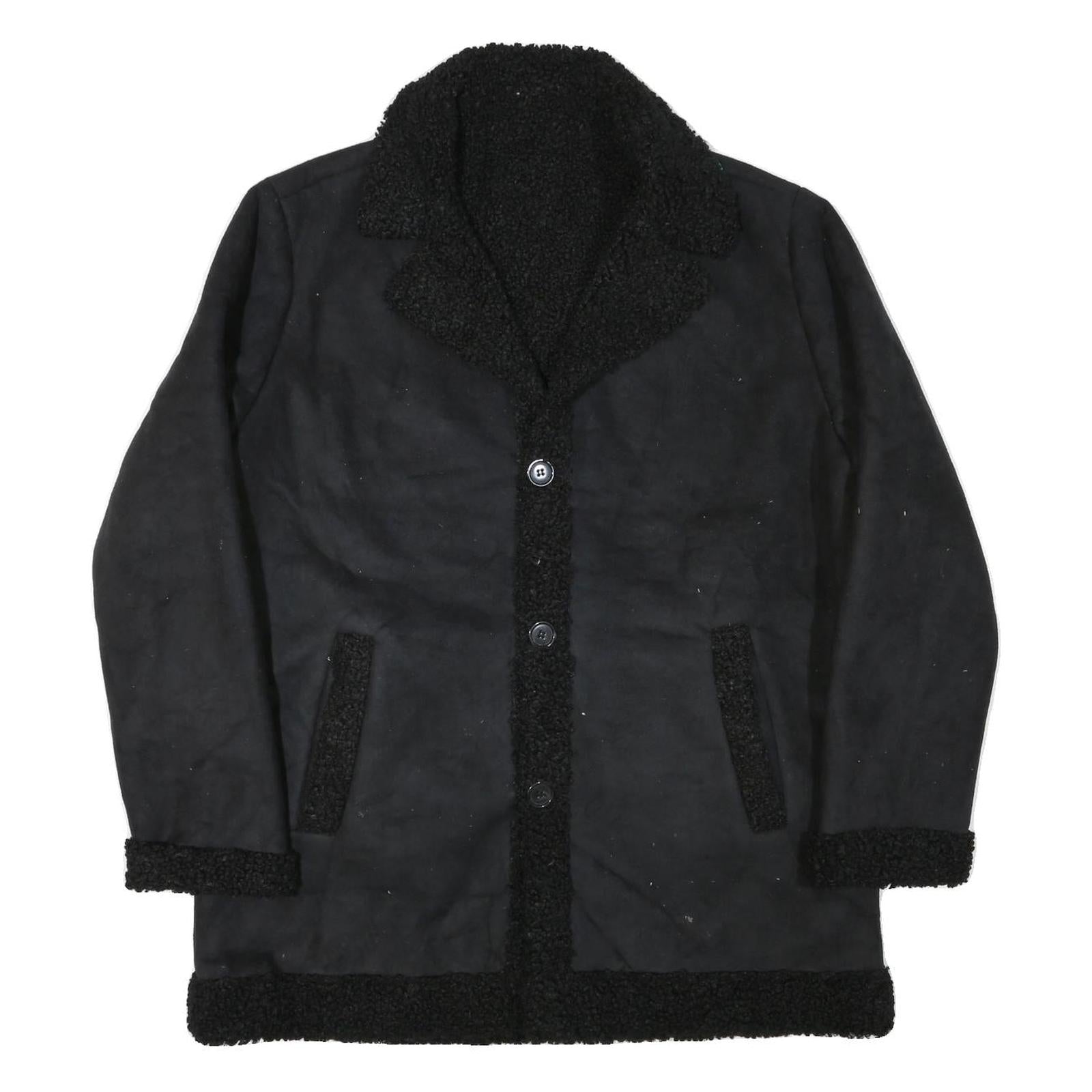 Womens Black Faux Shearling Button Jacket L Polyester Blend Classic Winter
