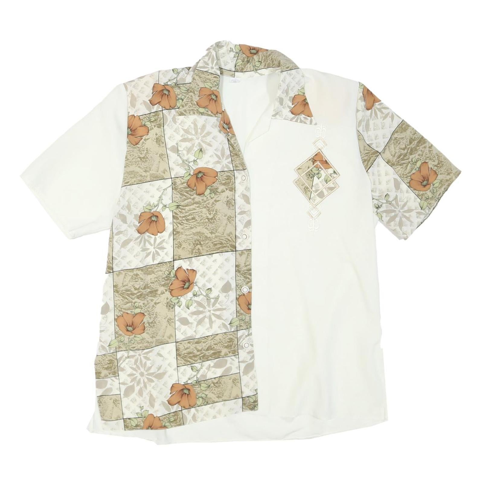 Womens White & Beige Floral Printed Polyester Shirt Short Sleeve Collared XL