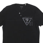 GUESS Mens Black Graphic T-Shirt L Short Sleeve Henley Neck Cotton Blend