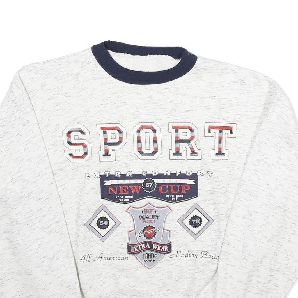 Mens White & Navy Sport Cotton Blend Crew Neck Sweatshirt S Casual Retro Style