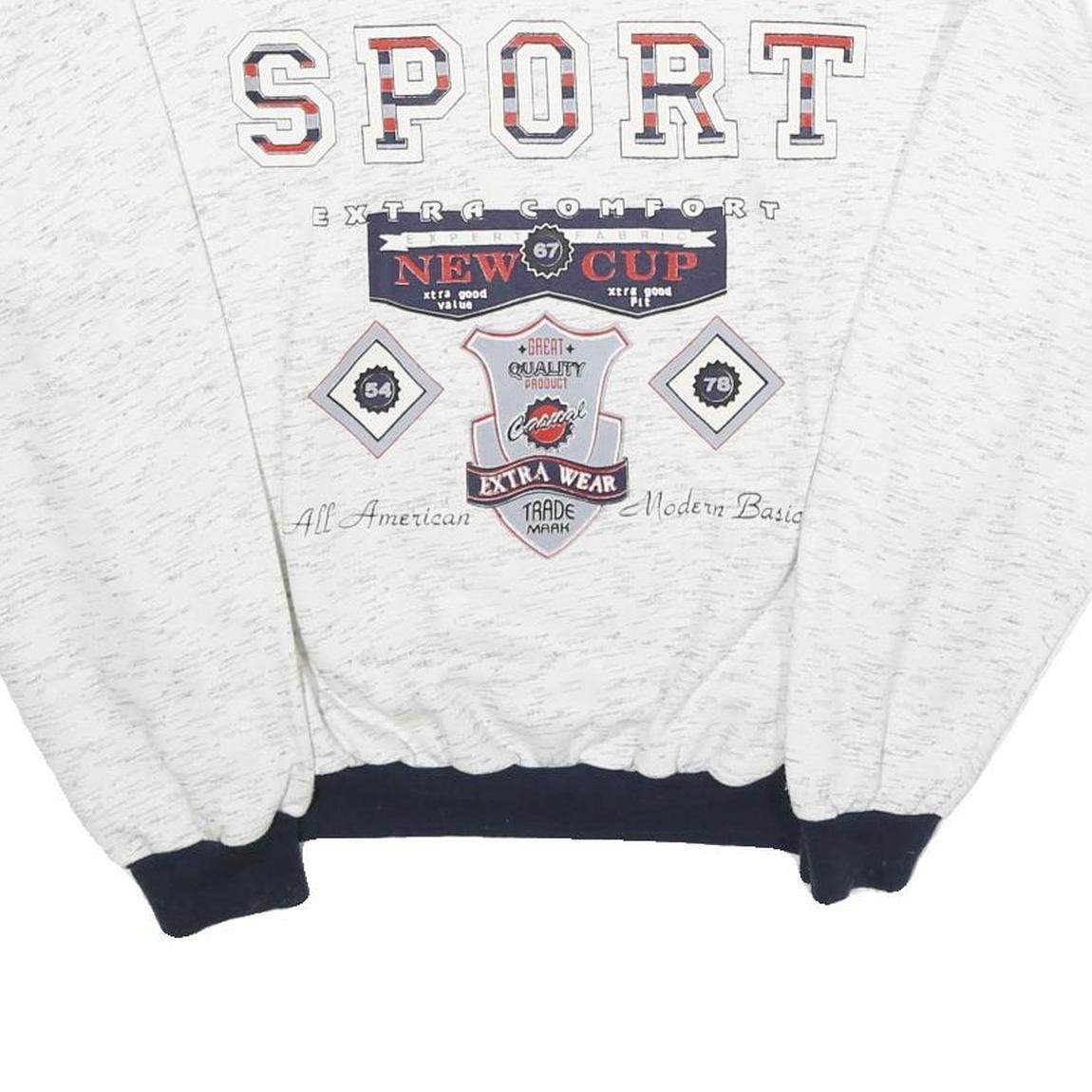 Mens White & Navy Sport Cotton Blend Crew Neck Sweatshirt S Casual Retro Style