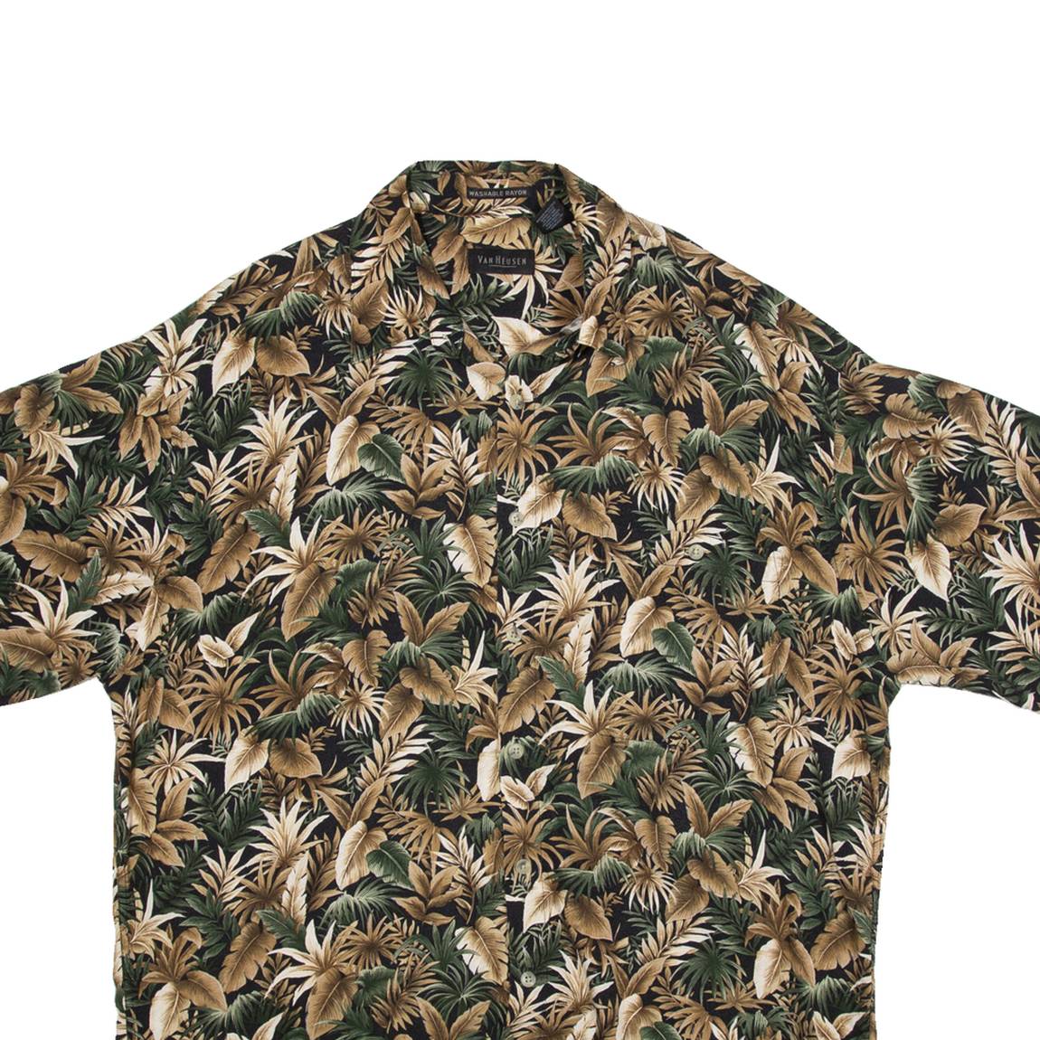 VAN HEUSEN Washable Rayon Mens Hawaiian Shirt Brown Floral L