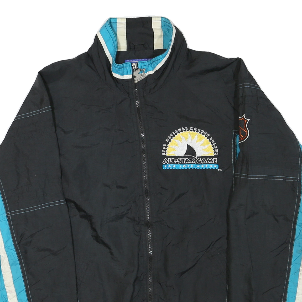 STARTER Mens Black & Blue All Star Game Zip Jacket M Polyester Blend Striped