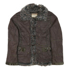 POWDER RIVER Womens Brown Suede Button Jacket L Woven Faux Fur Collar Pocket