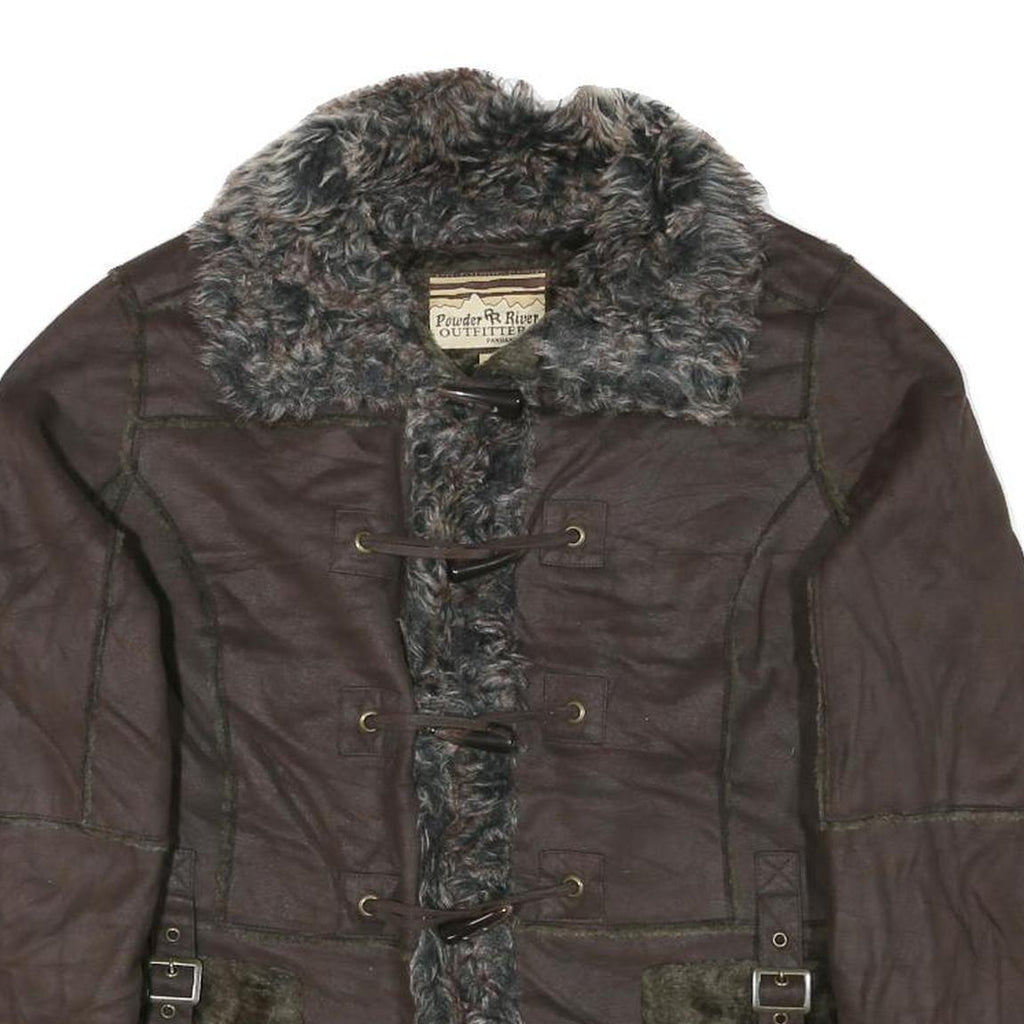 POWDER RIVER Womens Brown Suede Button Jacket L Woven Faux Fur Collar Pocket