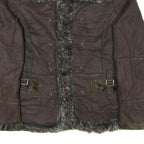 POWDER RIVER Womens Brown Suede Button Jacket L Woven Faux Fur Collar Pocket