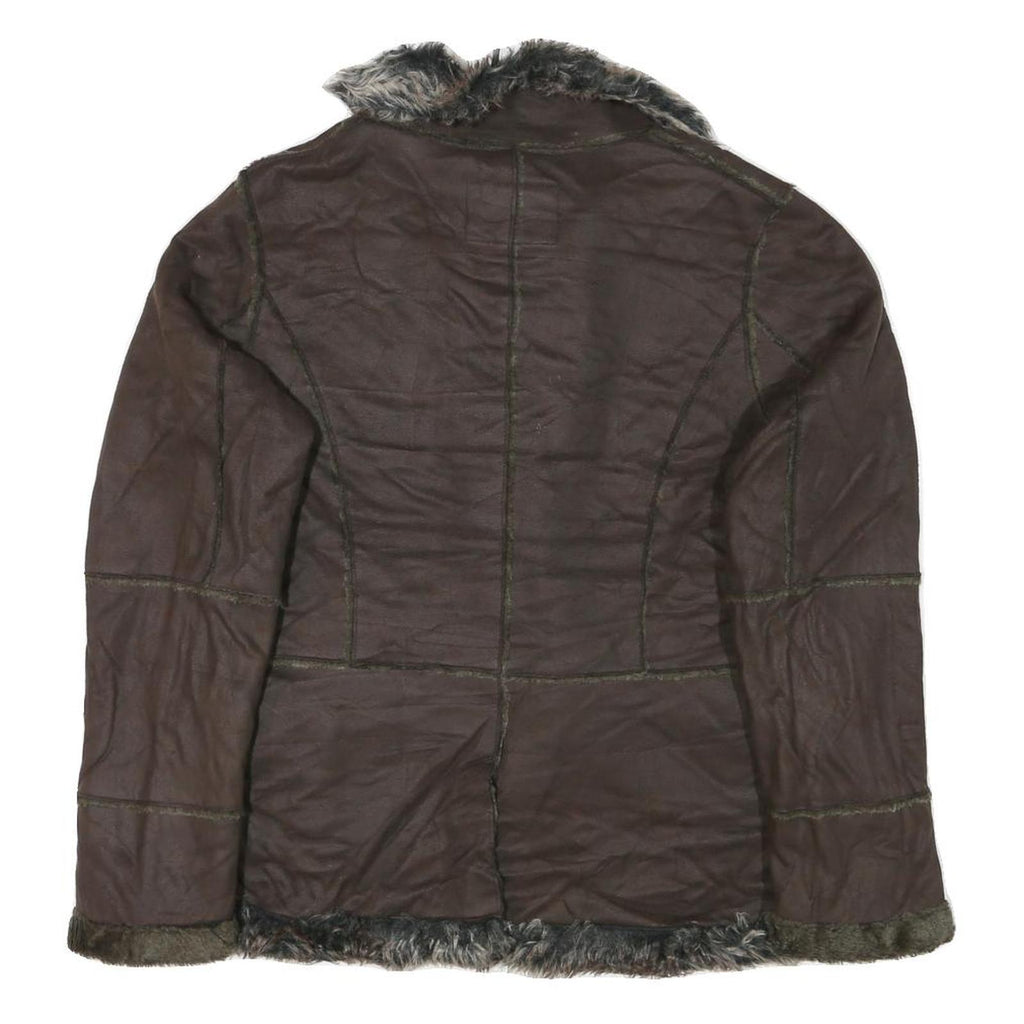 POWDER RIVER Womens Brown Suede Button Jacket L Woven Faux Fur Collar Pocket