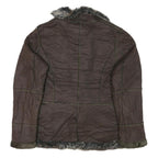 POWDER RIVER Womens Brown Suede Button Jacket L Woven Faux Fur Collar Pocket