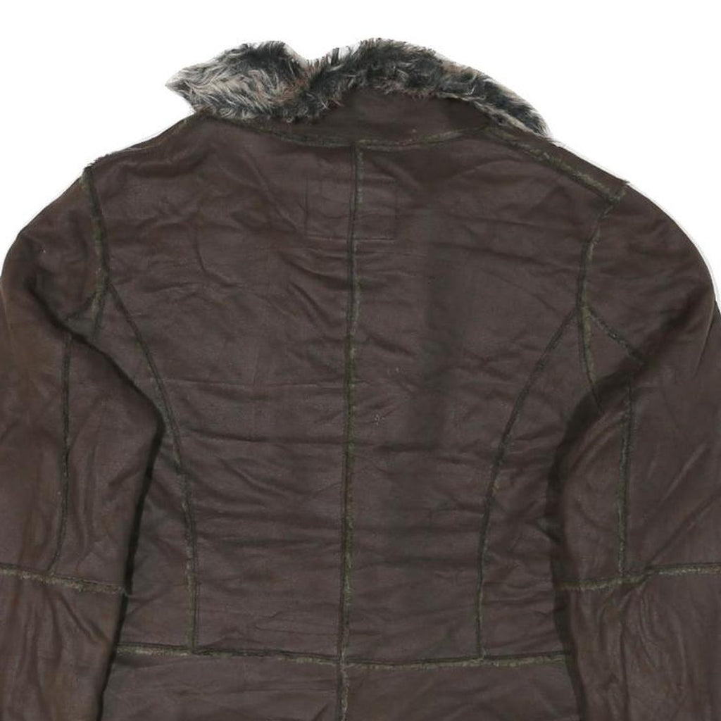 POWDER RIVER Womens Brown Suede Button Jacket L Woven Faux Fur Collar Pocket