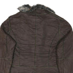 POWDER RIVER Womens Brown Suede Button Jacket L Woven Faux Fur Collar Pocket