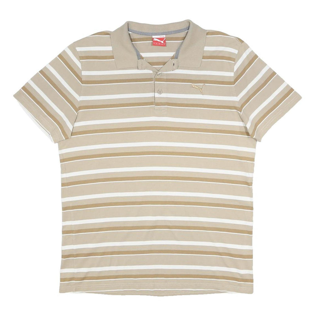 PUMA Mens Beige & White Striped Short Sleeve Polo Shirt L Cotton Casual