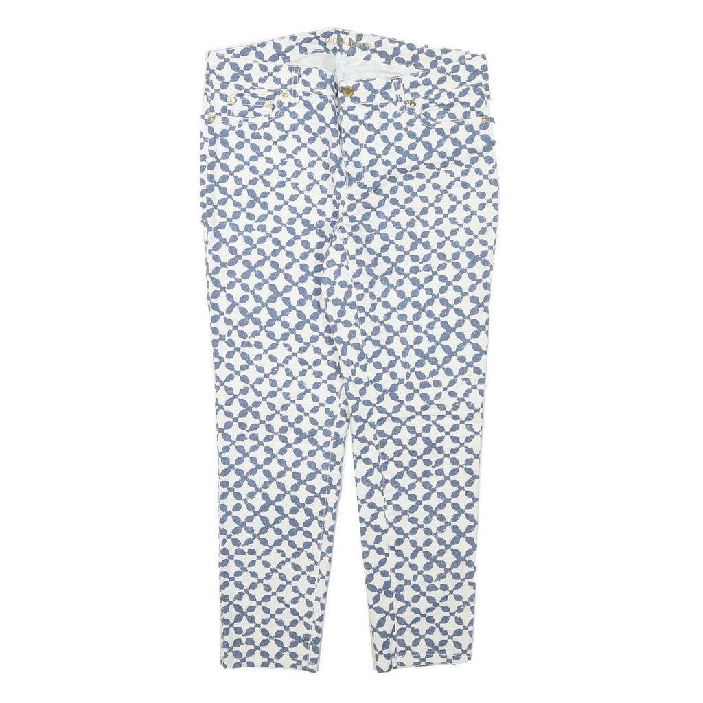 MICHAEL KORS Womens Cotton Blend White & Blue Slim Patterned Trousers W31 L25